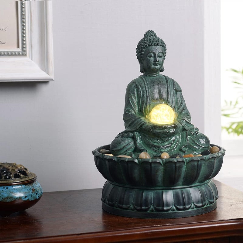 Haobos Indoor Tabletop Fountain Buddha Exquisite Sitting Meditation Statue, Desk-Top Water Fountain Decorative Zen Fountain w/Glass Rolling Ball/LED/Stone for Office/Home/feng Shui Decor 9.4" - Image 5